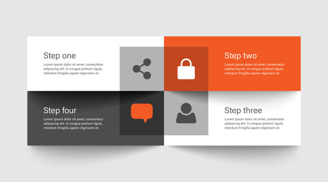 Minimalistic infographic template with square elements. Four step process verctor layout for data visualization
