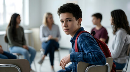 Young student looking at camera with diverse group in background, mental health awareness, Hispanic student guy in support group discussion at school