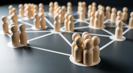 Obraz premium Groups of wooden figures interconnected by lines perfect for comprehensive corporate team network and structural hierarchy
