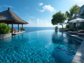 Obraz premium Infinity pool overlooking tranquil ocean at luxury resort 