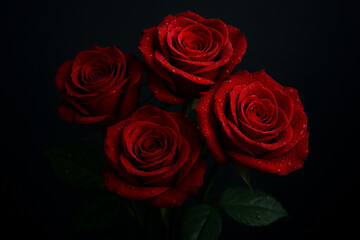 Fototapeta premium Romantic Red Rose Bouquet with Water Droplets.