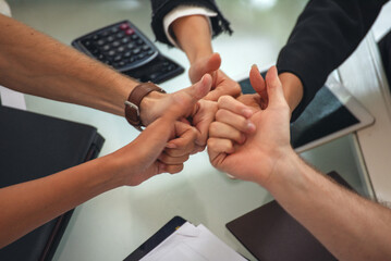 Fototapeta premium Banner top view business people meeting together at office desk conference room. Panorama Diversity Hands join empower partner teams connection Mergers acquisitions social community teamwork mission