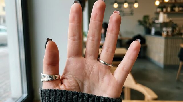 female hand with glossy black manicure and heart nail art. woman wearing grey knit sweater and silver ring. valentine's day love concept. beauty salon, fashion blog, social media content.