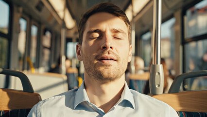 Obraz premium Male passenger with light brown hair and blue shirt relaxes on a public transport bus, eyes closed, as sunlight filters through the windows creating a warm atmosphere