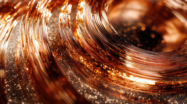 Shiny copper wire coil with sparkling glitter particles creating warm and glowing metallic texture in close up view