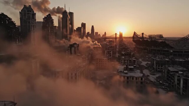 A haunting view of a devastated cityscape enveloped in smoke and dust, with a sunset backdrop