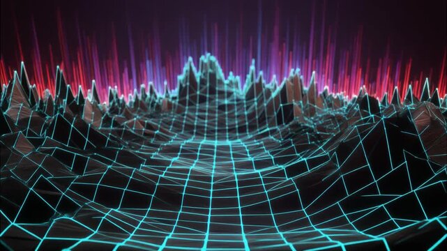 A 3D animated graph displays colorful bars and lines on a grid.