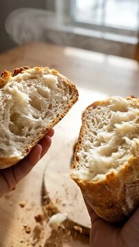 Hands hold freshly baked sourdough bread with golden crust and airy interior