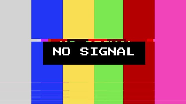 Retro Television Broadcast Signal Loss with 'No Signal' Glitch Effect and Distorted Color Bars on a Vintage Screen for Error Display Background