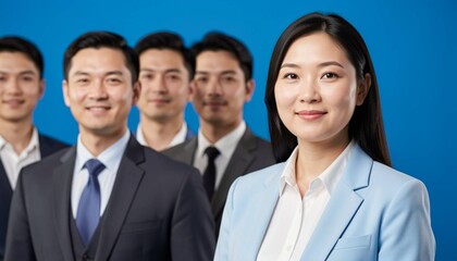 Fototapeta premium Corporate team portrait of diverse business professionals smiling against vibrant blue business studio background, unity and teamwork concept.