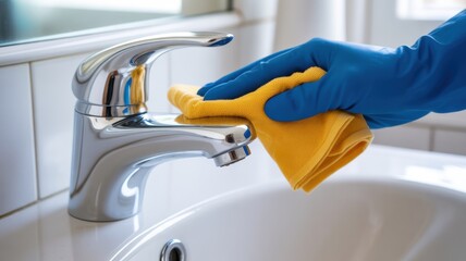 Cleanliness Personified: A gloved hand diligently wipes a shiny faucet in a pristine bathroom setting, symbolizing hygiene and domestic care.