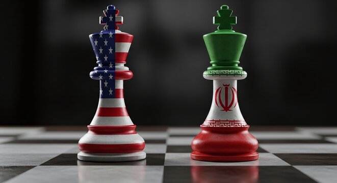 Chess kings painted with the USA and Iran flags face off, symbolizing the complex geopolitical tensions and strategic maneuvering between the two nations.