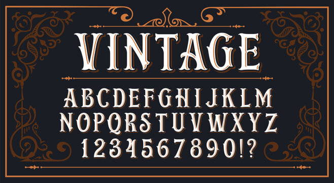 Vintage Ornate Font - Victorian Western Alphabet with Decorative Border on Dark Background