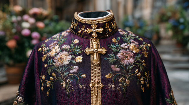 Close-up of a richly embroidered Easter chasuble with gold crosses and floral patterns, luxurious liturgical fabric textures visible