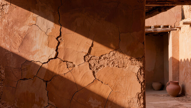 Sunlit Adobe Wall Textures in Clay Building with Traditional Pottery