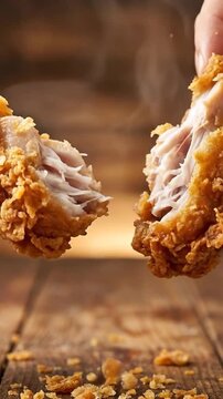 Hand pulls apart crispy fried chicken revealing juicy meat inside