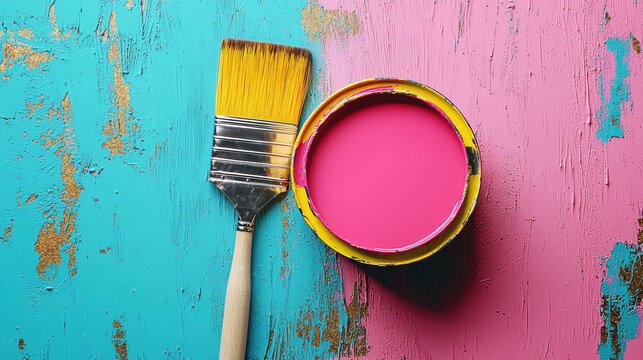 Bright pink paint can and brush on rustic turquoise wooden surface with peeling paint, creating vibrant and artistic contrast