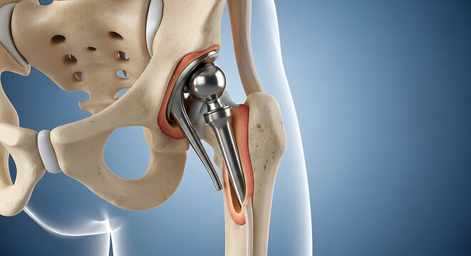 Anatomical illustration of a human hip joint with a metal prosthetic implant in place.