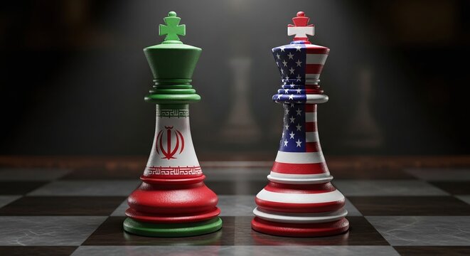 Chess kings with the flags of Iran and the USA stand face to face on a chessboard, symbolizing the complex relationship between the two nations.