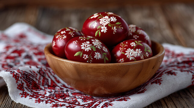 Close-up of red eggs arranged in a wooden bowl with traditional Slavic embroidery underneath, symbolic Easter composition