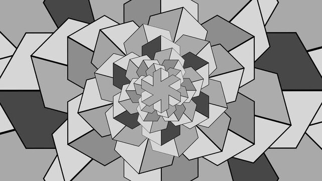 Several shapes move in a repeating pattern as they change colors of black and white. The design forms an interesting spiral effect over time, drawing attention to the visuals.