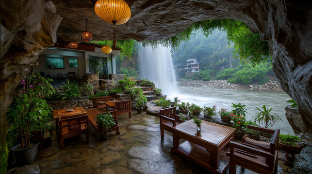 AI generator image of  This place is a beautiful natural waterfall, blending the natural beauty of the waterfall and caves with seating areas for relaxation.