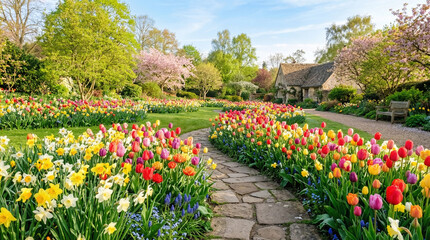 Obraz premium Beautiful spring garden with colorful tulips and a stone cottage