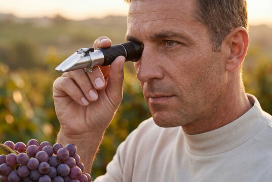 A viticulture expert uses a precision refractometer to measure grape brix levels at sunset. High-end agricultural technology meets traditional craftsmanship in a scene of pure expertise.