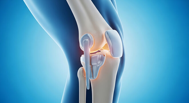 Medical illustration of a human knee joint with highlighted inflammation and bones