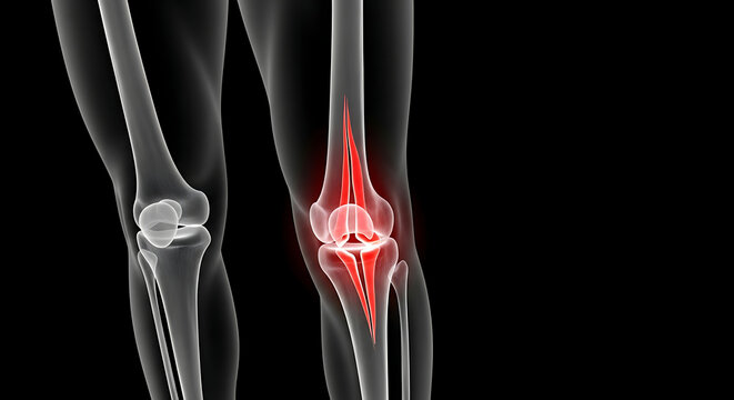 Medical illustration of a human knee joint with inflammation shown in red beside a normal knee