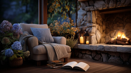 Fototapeta premium A warm evening reading scene beside a fireplace where an open book lies on a comfortable armchair