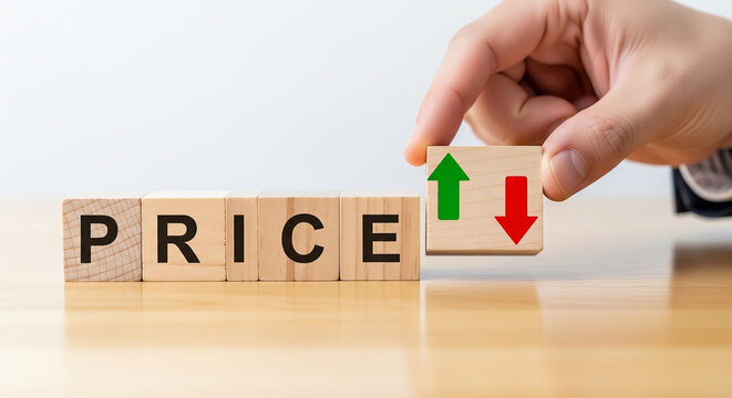 Hand adjusting arrow block next to price text perfect for financial market strategy and inflation rate