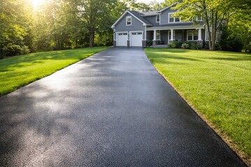 Naklejka premium Newly paved asphalt driveway leading to modern suburban house with green lawn in sunny residential neighborhood