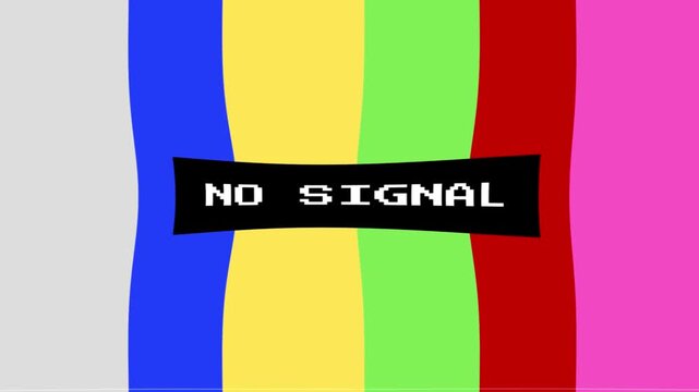 Classic 'no signal' message displayed on a retro television screen with vibrant, vertical color bars, symbolizing a broadcast interruption or technical difficulty