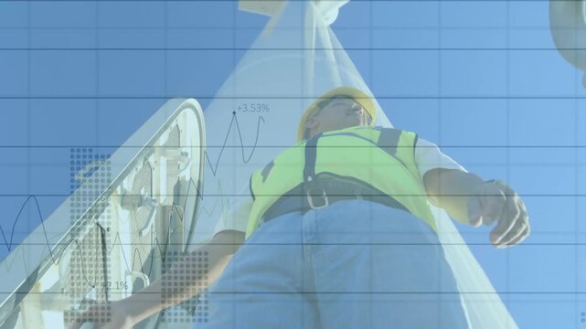 Animation of financial data processing over engineer and wind turbine