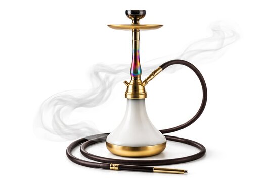 Elegant golden hookah with smoke isolated on white background luxury shisha smoking device