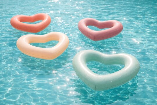 Pastel heart shaped inflatable floats in swimming pool romantic summer scene