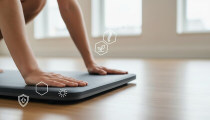 Close-up of hands on a yoga mat in a bright room, symbolizing health, wellness, and fitness with overlay icons representing medical and natural care.