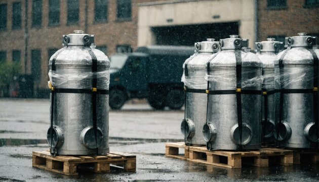 Medium shot of sealed cash containers on pallets blurred background of an armored vehicle and loading dock during a quiet weekend shift.