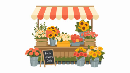 Vibrant flower stand with colorful blooms and striped awning on white background perfect for fresh flower day