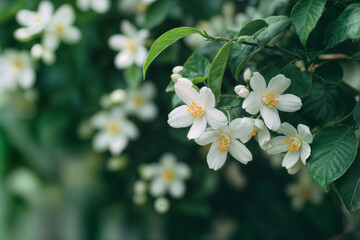 Fototapeta premium Jasmine Blossoms in Full Bloom on Lush Green Leaves - Serene Floral