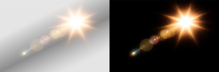 Golden radiant starburst sparkle light rays shooting trail png overlay element, on transparent background © Ivan