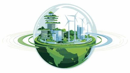 Obraz premium Sustainable cityscape within a transparent globe showcasing green buildings wind turbines and eco friendly infrastructure on a vibrant green planet
