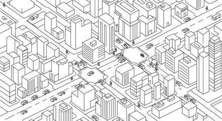 Isometric Cityscape Drawing with Buildings and Roads.
