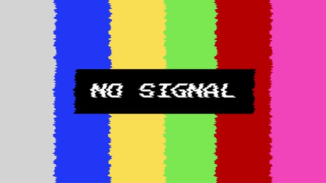 Classic colorful television test pattern with 'NO SIGNAL' message, depicting a broadcast interruption or technical glitch on a vintage screen display, representing a loss of connection