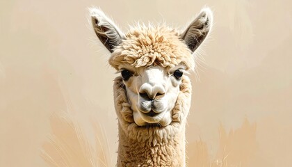 Fototapeta premium Close-up portrait of a fluffy alpaca with a curious expression, looking directly at the camera.