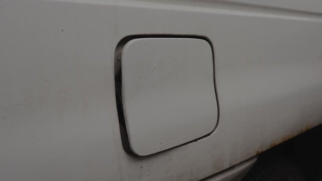 A close-up of opening the fuel flap by hand and unscrewing the fuel tank cap on an old car