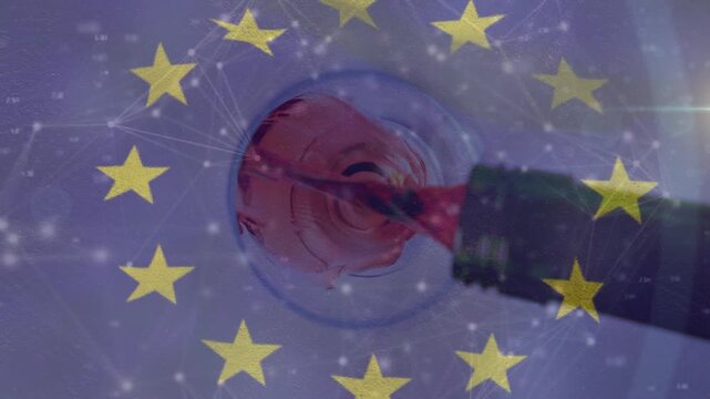 Animation of european union stars over connections and wine pouring into glass