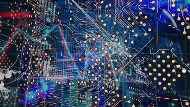 Animation of integrated circuit over graphs and world map on digital screen