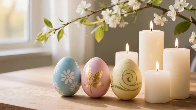 Pastel colored Easter eggs with delicate patterns standing beside lit candles and blooming spring branch on wooden table near window. Elegant seasonal holiday decoration.